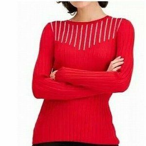NWT INC Women's XS Red Rhinestone Textured Pullover Long Sleeve Sweater Top